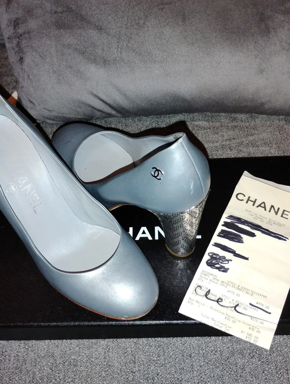 CHANEL CC Grey Pumps Metallic Mosaic Platform Heels! Authentic